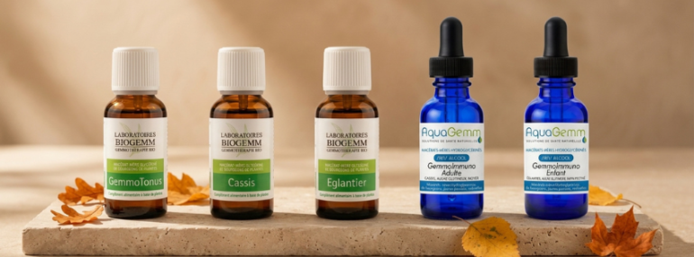 cure d'automne gemmothérapie Biogemm flacon bourgeons tonus cassis eglantier immunité adulte immunité enfant