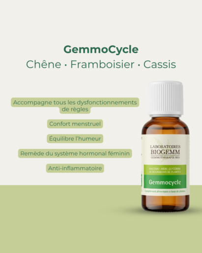 Santé féminine, flacon Gemmocycle Biogemm, complexe chêne, framboisier et cassis pour le cycle féminin