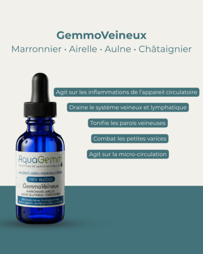 Flacon Gemmoveineux Aquagemm sans alcool, marronnier, airelle, aulne et châtaignier pour la circulation