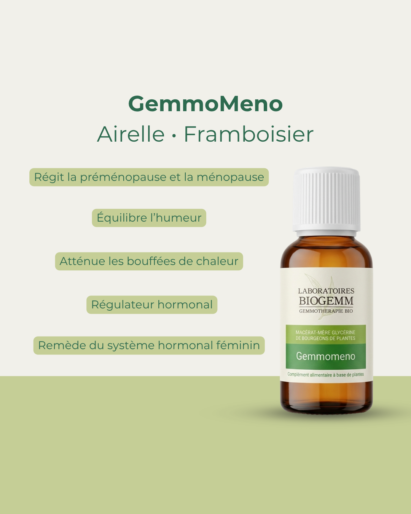 Santé féminine, flacon GemmoMeno Biogemm, complexe airelle et framboisier pour la préménopause et la ménopause