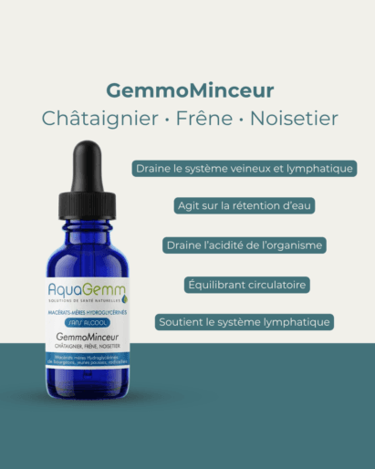 Flacon Gemmominceur Aquagemm sans alcool, châtaignier, frêne et noisetier pour le drainage lymphatique
